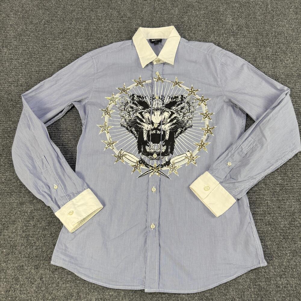 Just Cavalli Shirt Mens 50 Blue White Stripe Lion Graphic Contrast Collar